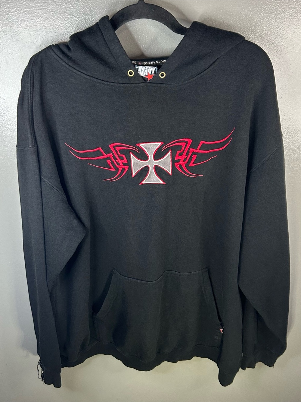 Vintage Y2K Top Heavy Embroidered Skater Grunge Black Hoodie Size Large